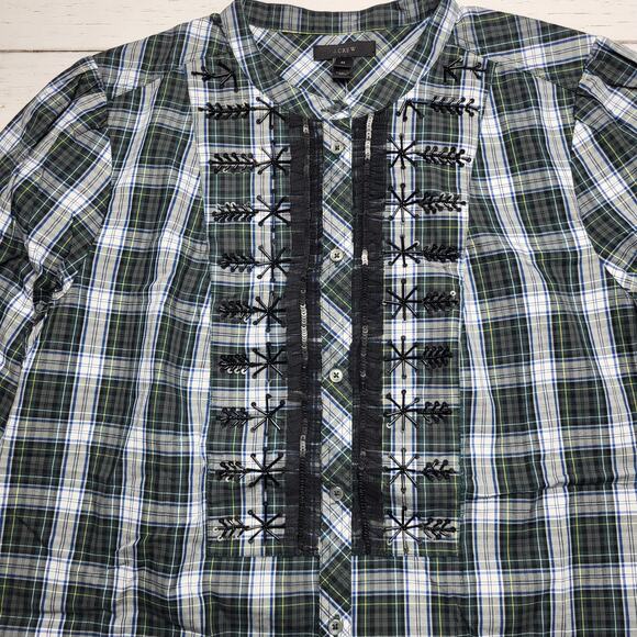 J. Crew Embellished Sequin Button Up Tartan Plaid Top Forest Green Cotton Medium - Picture 5 of 11